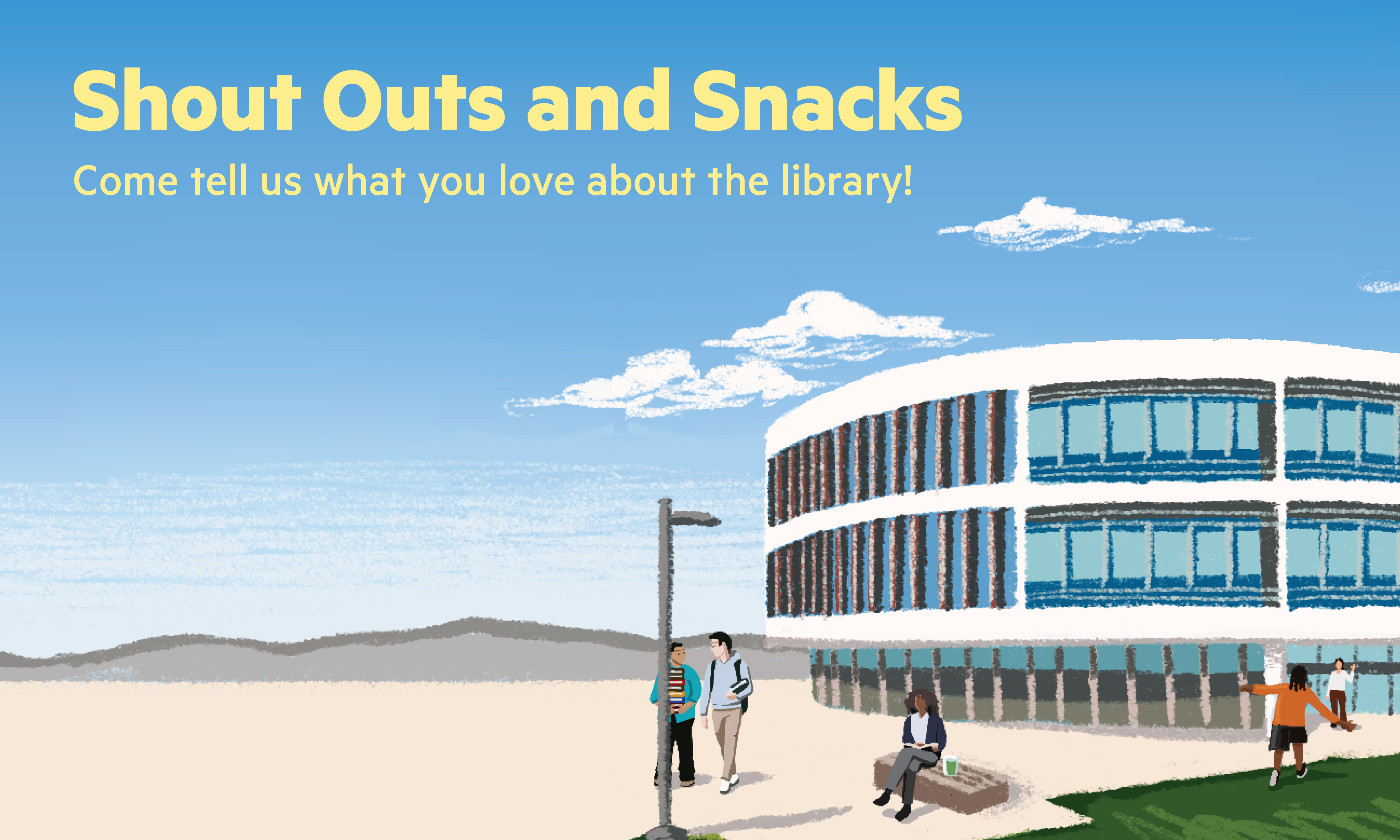 illustration of library with folks standing outside